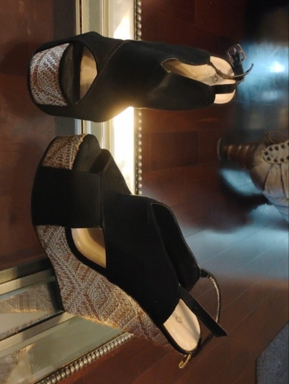 Cupid Black Suede Platform Wedge Sandals with Woven Heel
